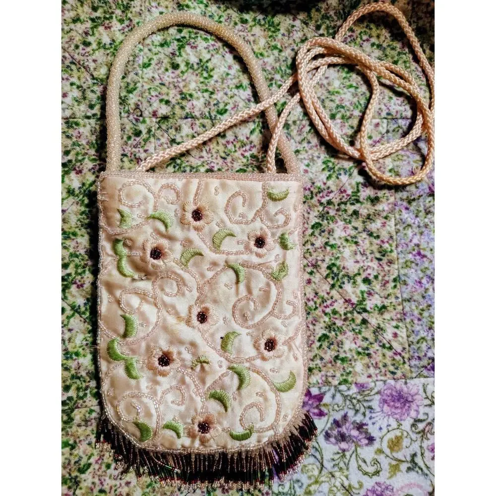 Vintage Jeweled Beaded Silk Floral Purse, Small